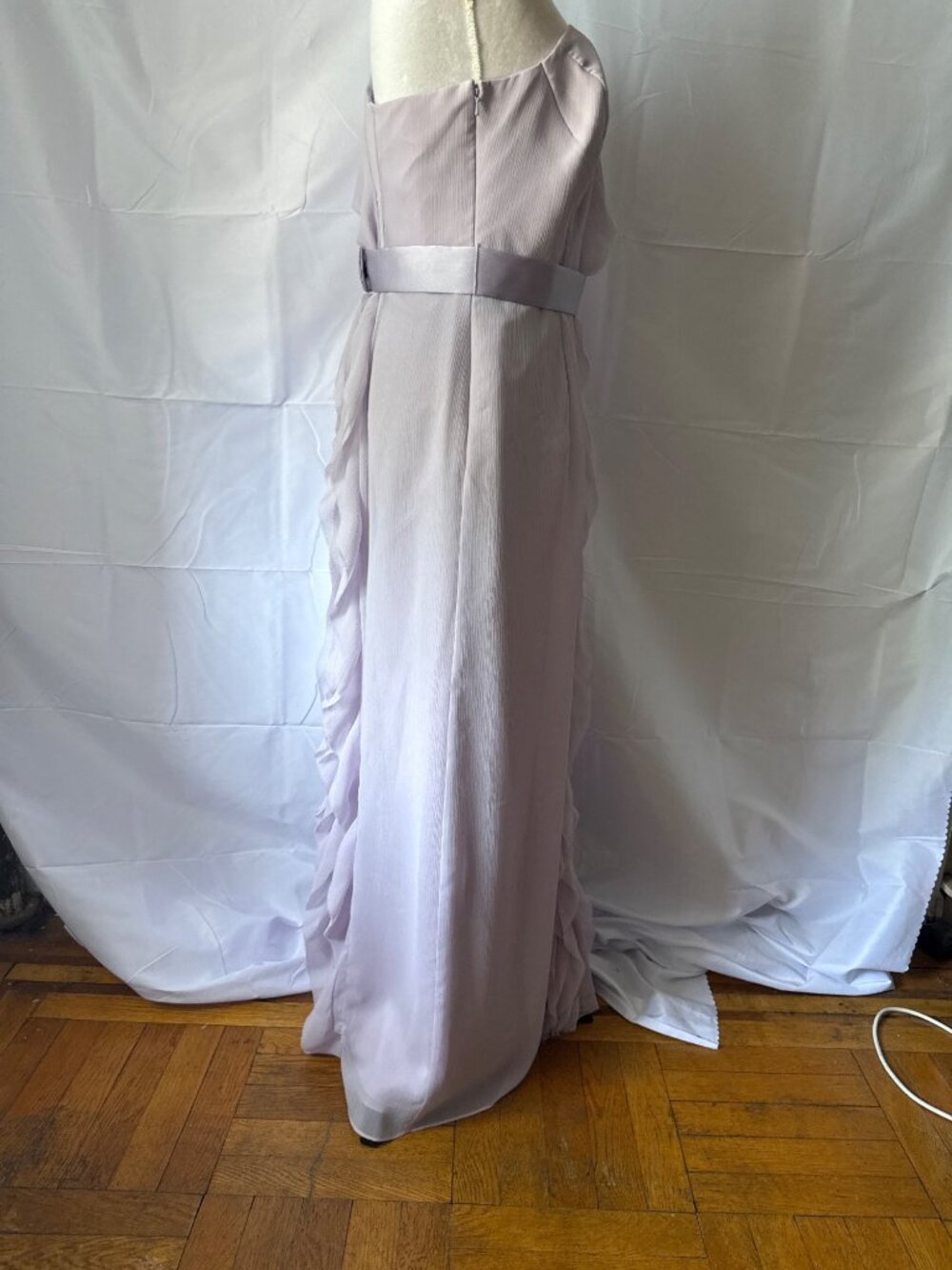 Lavender Ruffled One-Shoulder Flowing Chiffon Cascading Ruffle Front Dress - Picture 11 of 16